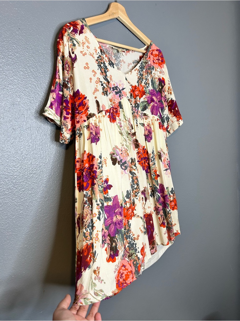 Andree Cream Floral Babydoll Cottagecore GardenV-Neck Mini Dress Large